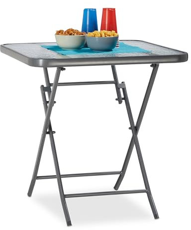 Relaxdays Mesa Terraza Plegable STRUK, Cuadrada, Tablero de Cristal, para Jardín, Balcón y Acampada, 70 x 70 cm, Gris