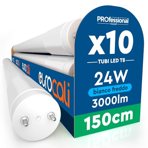 Eurocali 10 Tubi LED 24W 150cm T8 G13 SMD con Starter 3000 Lumen Garanzia 3 Anni - Luce Fredda 6500K - Alta Luminosità 125 lm/W - Materiale Nano Plastic Sostituzione Neon per Soffitto Garage Negozio