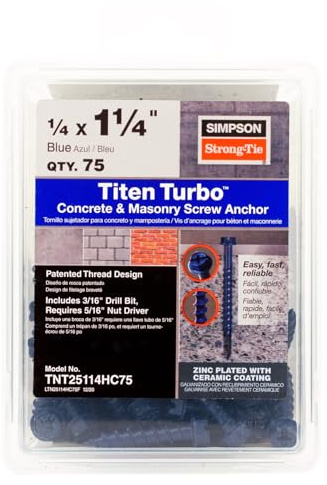 Simpson Strong-Tie TNT25114HC75 Titen Turbo — 1/4 in. x 1-1/4 in. Hex-Head Concrete and Masonry Screw, Blue (75-Qty)
