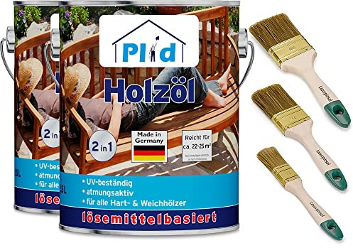plid® Aceite para madera - Cuidado e impregnación para muebles de jardín - Teca y todo tipo de maderas duras y blandas - Protección exterior duradera - Incluye set de brochas - Contenido 5L