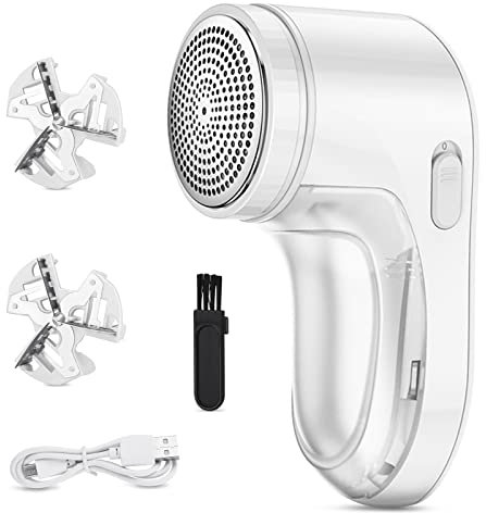 Levapelucchi Elettrico Rimozione Pelucchi Portatile Rasoio per Lanugine con Cavo USB e 3 Lame di Ricambio per Abbigliamento Maglioni Mobili Lana Moquette(Bianco)