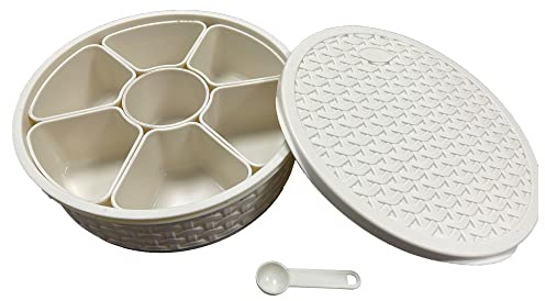 Masalalalåda i plast, kryddlåda, Masala Dabba, autentisk indisk Masala Dabba perfekt för din kryddförvaring med 7 behållare och en gratis serveringssked (elfenben)