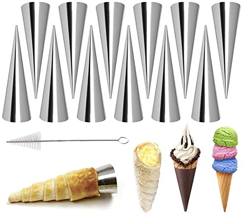 Corne Pâtisserie en Acier Inoxydable, FantasyDay Lot de 12 Moules à Cornets Pain Tube Croissant avec 1 Brosse de Nettoyage - Cannoli Moule pour Croissants, Douilles Pâtisserie, Gâteau, Moule à Pain