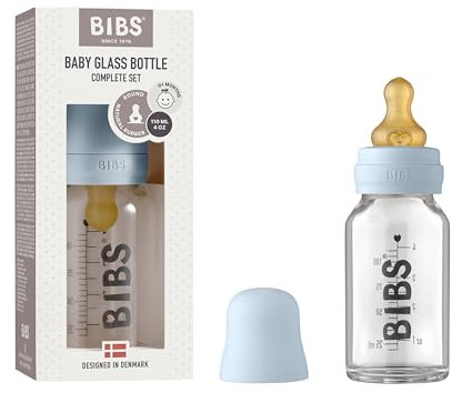 BIBS Baby Glass Bottle. Anti-colic. Round Natural Rubber Latex Nipple. Supports Natural Breastfeeding, 110 ml, Baby Blue
