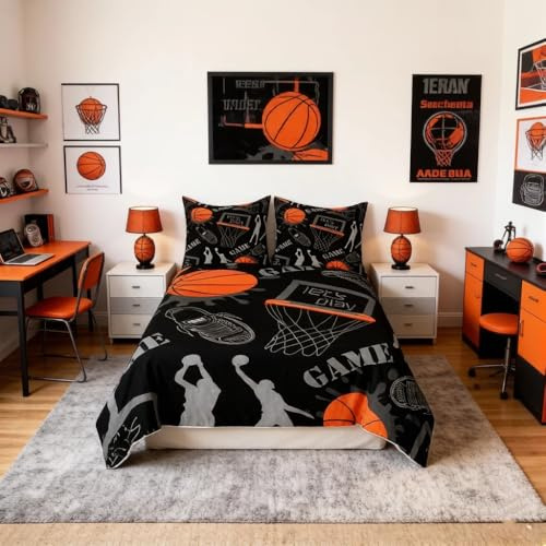 Homemissing - Set di biancheria da letto basket con copripiumino sportivo con giochi di palla 3D, per bambini, ragazzi, ragazze, in microfibra, regalo per giocatori di basket, copripiumino singolo