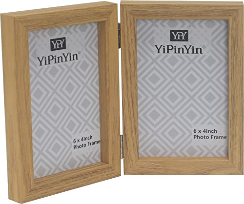 Hinged Double Photo Frame 6x4'',Natural Wood Effect 4x6'' Double Picture Frame,Twins frame with Glass, Primary Wood Grain Color Holds 2 Standard Photoes Foldable,Family Photo Frame 6x4''