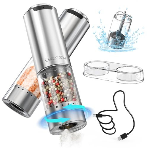 CIRCLE JOY Set Macina Sale e Pepe Elettrici Ricaricabili Macinaspezie in Acciaio Inossidabile con Base, Contenitore Trasparente da 95ml, Luce LED Bianca e Ruvidità Regolabile Esterna, Argento