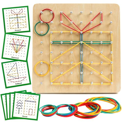 YIQOGAME Montessori Geobrett aus Holz mit Gummibändern Lernspielzeug für Kinder ab 3 4 5 Jahren STEM Spielzeug für den Unterricht Montessori Spielzeug Ab 3 Jahre