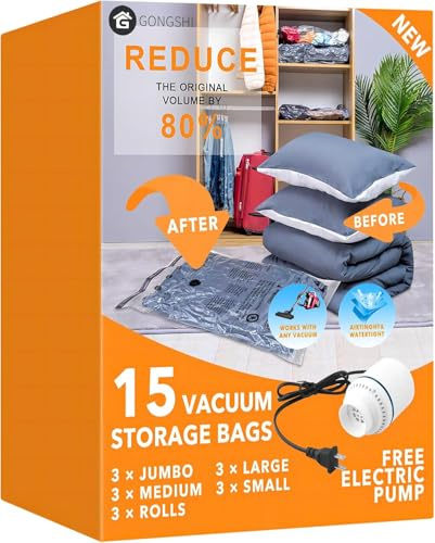 GONGSHI Vacuum Seal Bags for Clothing Travel & Home Storage, Travel Vacuum Bags with Electric Pump,Space Saver for Blankets, Comforters, Pillows, Clothes,15 Combo
