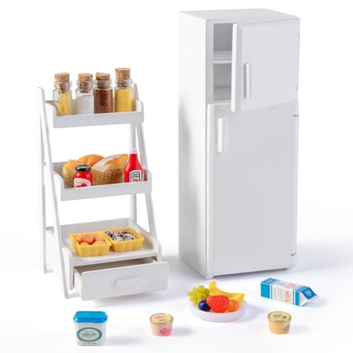 Minamzee 1:12 Juego De Muebles De Cocina para Casa De Muñecas, 36 Piezas De Mini Nevera De Madera con Estantería Y Accesorios Decorativos De Comida, para Cocina O Sala De Estar