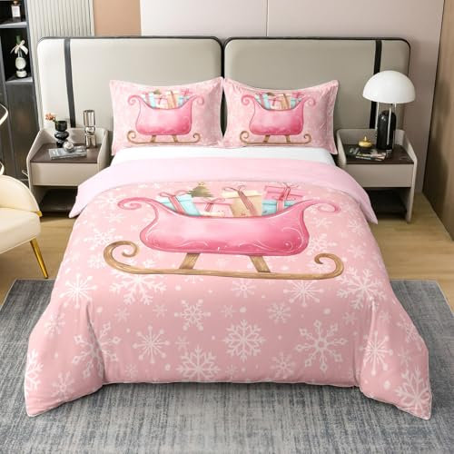 100% Baumwolle Rosa Weihnachten 220x240 Bettwäsche Set,Girly Romantische Schneeflocke Schlitten Bettbezug für Kinder Teens,Prinzessin Winter Weihnachten Bettbezug,Moderne Rosa Blumen Tröster Abdeckung