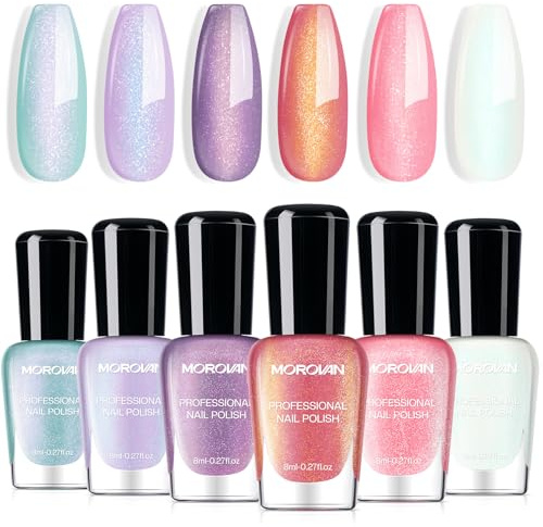 Morovan Pearl Nail Polish Set: Aurora Ombre Shimmer Iridescent Mermaid Spring Pastel Fingernail Polish Kit Blue Purple Pink Glitter Sparkle Quick Dry Nail Art Design Gift for Women Girls