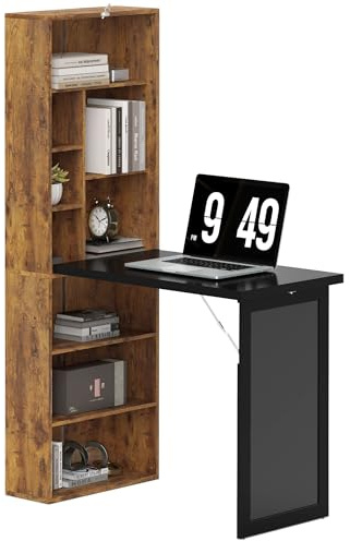 HOMCOM Wall Mounted Computer Desk, Space Saving Folding Study Table with Black Board, Bookshelf, Floating Writing Desk with Adjustable Shelf, 9 Open Compartments for Small Space, Rustic Brown