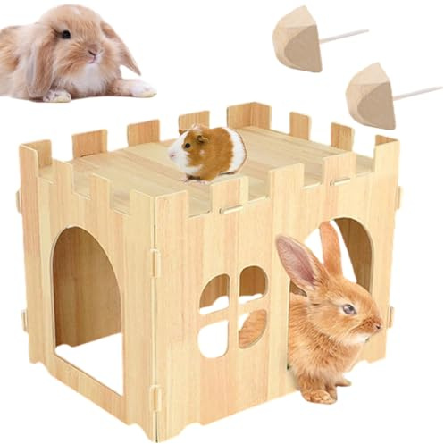 Maison Lapin avec terrasse spacieuse Hidey Cabane en Bois Amovible 40 * 30 * 28cm Lapins Habitats Intérieur pour Lapin Cochon d’Inde Chinchilla Hérisson Hamsters Gerbille,2 molaire Pierre.