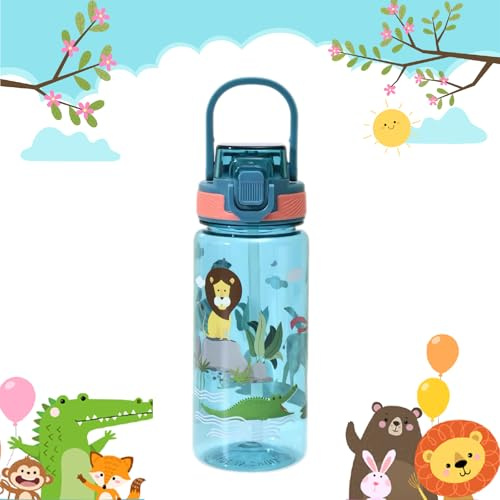 Borraccia per bambini da 600 ml, con cannuccia, trasparente, per la scuola, con maniglia per il trasporto, a prova di perdite, per lo sport, per ragazze e ragazzi, per la scuola, per il pranzo, viaggi