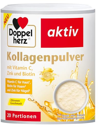 Doppelherz Kollagenpulver mit Vitamin C, Zink und Biotin, 5000 mg Kollagenhydrolysat je 7,5 g Pulver, 20 Portionen, Zitronen Gechmack, 150 g