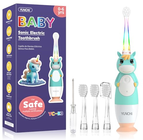 YUNCHI Cepillo de dientes eléctrico para niños de 0 a 3 a 6 años, cepillo de dientes eléctrico para bebés con luz LED colorida, cepillo de dientes para niños pequeños con temporizador de 2 minutos, 4