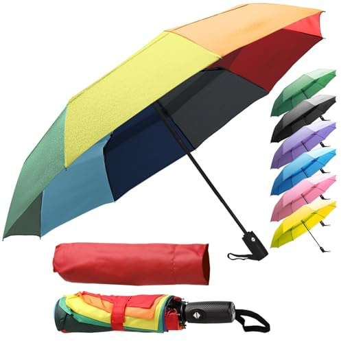 ZENO Paraguas Plegable Compacto – Mini Paraguas Automático Mujer & Hombre, Antiviento Resistente con 9 Varillas de Fibra de Vidrio, Tejido Teflón Impermeable, Rainbow