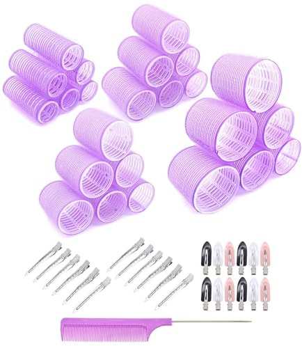 JZK 49 en 1 Extra large petit rouleau cheveux boucles sans chaleur avec pinces pour cheveux long/court et frange rideau, gros bigoudis cheveux velcro pour volume, boucleur hair rollers femme fille