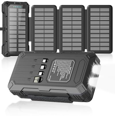 Kepswin Solar Charger Power Bank 49800mAh with 4 Built-in Cables & 4 Foldable Panels, PD22.5W Fast Portable Phone Charger, External Battery Pack with USB-C in/Output & Flashlight for Outdoor Camping