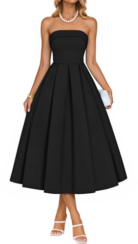 ZESICA Women's Summer Strapless Cocktail Dresses 2026 Elegant Off Shoulder Flowy A Line Wedding Guest Party Midi Dress Black Medium