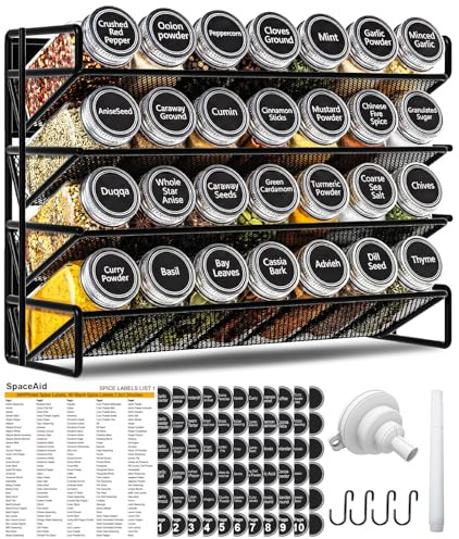 UVIAHOMI Magnetic Spice Rack Organizer for Refrigerator with 28 Spice Jars, 386 Spice Labels, 4 Hook, Chalk Marker and Funnel Set, Magnetic Shelf for Seasoning Organizer, 13.2'' W x 9.8 H, Black
