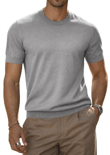 JMIERR Mens Summer Wool Blend Crewneck Knit Shirts Sweater Lightweight Casual Short Sleeve Pullover for Dress Work Shirts Grey