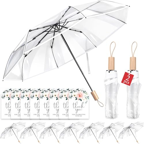 KufaerBeam 2 Pcs Clear Wedding Umbrellas with Thank You Cards – Transparent Folding Umbrella for Wedding Decoration, Windproof & Rainproof for Bridal Shower, Wedding Bride Groom Photography