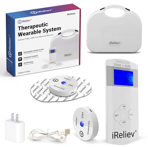 iReliev Wireless TENS + EMS Therapeutic Wearable System Wireless TENS Unit + Muscle Stimulator Combination for Pain Relief, Arthritis, Muscle Conditioning, Muscle Strength
