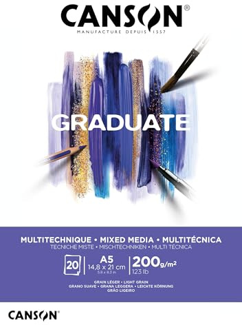 CANSON Graduate Mixed Media 200gsm A5 Paper, Light Grain, Pad Glued Short Side, 20 Bright White Sheets, For Student Artists