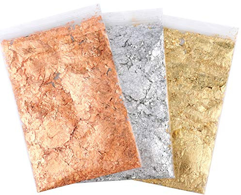 AIEX 9g 3 Confezioni di Scaglie di Doratura a Foglia d'oro Scaglie di Lamina Metallica Imitazione Oro per Arte delle Unghie Artigianato Arte della Resina (Oro, Argento e Color Ramato)