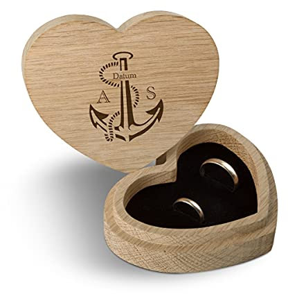Kartenmachen.de Personalisierte Hochzeit Ringbox Herz Ringkissen Ringschachtel individuell 10 x 8,5 cm Eichenholz - Anker