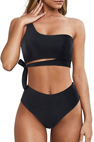 Rayson Maillot de Bain Femme 2 Pieces Taille Haute avec Rembourré Bikini Maillots de Bain à Une Épaule Bandeau Top Push Up Ensemble Bikinis Ventre Plat(Noir, L)