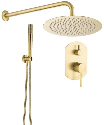 VALAZ Douche Encastrable | Mitigeur Douche 2 voies, Pulvérisateur Effet Pluie | Installation Murale Facile et Rapide | Inoxydable, Ronde, Pulvérisateur 25 cm, Garniture Ovale, Doré Brossé, Série Duero