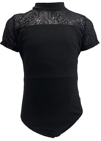ZUYPSK Body da danza per bambini e bambine, con collo alto, in pizzo, taglio sul retro, a maniche corte, per danza e ginnastica, Nero , 152/158 cm