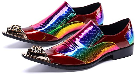Santimon Mens Metal-Cap Formal Shoes Rainbow Snake Pattern Leather Composite Stitched Details Dress Party Prom Loafers for Men Multicoloured 9 US