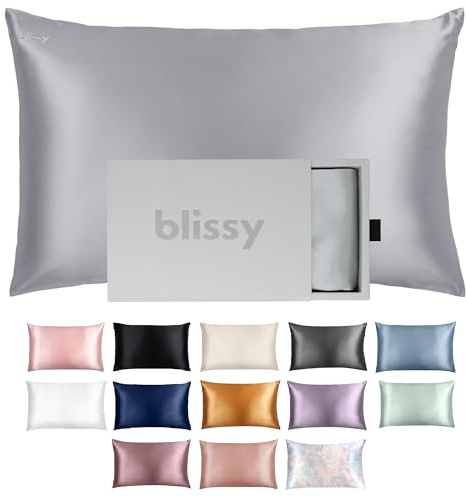 BLISSY, Silk Pillowcase - 100% Pure Mulberry Silk - 22 Momme 6A High-Grade Fibers - Satin Pillowcase for Hair & Skin, Queen & King Size Silk Pillow Case Hidden Zipper - Moisture Wicking, Silver