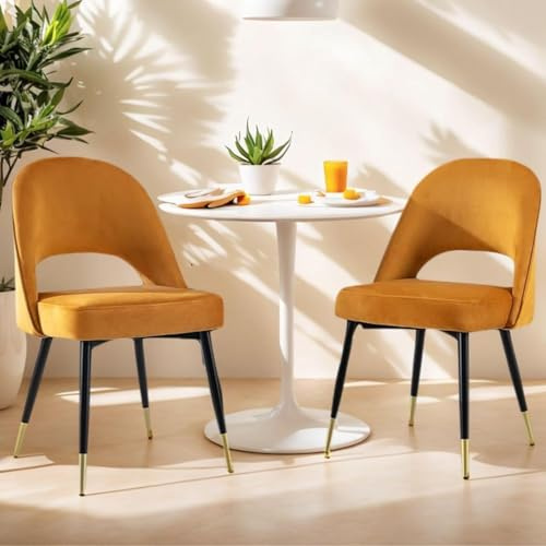 chairus Set of 2 Velvet Dining Chairs for Kitchen Living Room Modern Armless Side Chair Upholstered Corner Chairs with Metal Legs (Yellow-2)