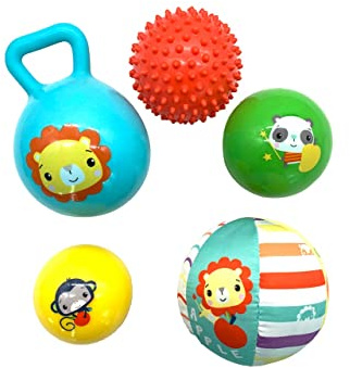 Fisher Price - Set de Pelotas y sonajero 5 en 1 - Incluye 4 Pelotas de Diferentes Texturas y Materiales y 1 Pelota sonajero - Colección Pelotas sensoriales Primera Infancia (DeQube 920D00079)