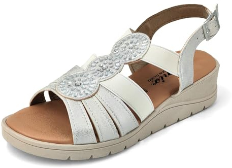 JOMIX Sandali Donna Estive Comode da Anziane Signora Sandali Eleganti Ortopediche Plantare Ergonomico Morbido Vera Pelle Bassi con Chiusura Elastico Regolabile TD2965 Bianco 38