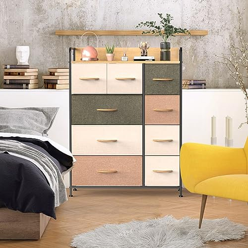 Chleby Kommode aus Stoff Schrank mit 9 Schubladen Aufbewahrung Kommode Schrank aus Stoff kommode für Wohnzimmer, Schlafzimmer, Kinderzimmer Bunt