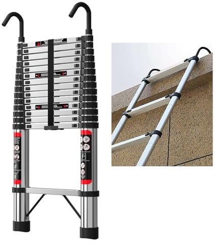 4.4m Telescopic Ladder with Hooks, 14.4ft Portable Foldable Telescoping Ladder, 14 Steps Extendable, Multi-Purpose Folding Ladder for Cleaning Roof Gutters Painting, Max Load 330lb