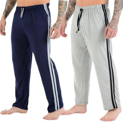 True Face Pack of 2 Mens Lounge Pants Plain Nightwear Elasticated Waist Striped Jog Jogging Tracksuit Bottoms Poly Cotton Pyjama Pjs Joggers Sleepwear Casual Gym Lightweight Loungewear Navy Grey 2XL