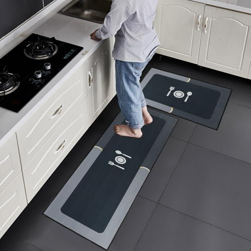 7VSTOHS Juego de Alfombras de Cocina Antideslizantes de 2 Piezas, Tapete Cocina Antideslizante Resistente al Aceite, Adecuado para Cocina, Baño, Sala de Estar, 43x75 + 43x150 cm
