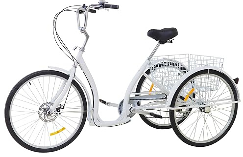26 Inch Tricycle for Adults 6 Speed 3-Wheel Bike with Basket Adjustable Adult Trike Bike Adult Tricycle Cargo Trike Cruise Trike Elderly Bicycle for Shopping Picnic Beach Cycling Pedalling (White)