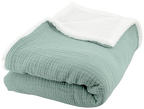 COSTA DECO Manta polar y gasa de algodón 130x170, manta ligera y suave para cama o sofá. (Almendra Azul)