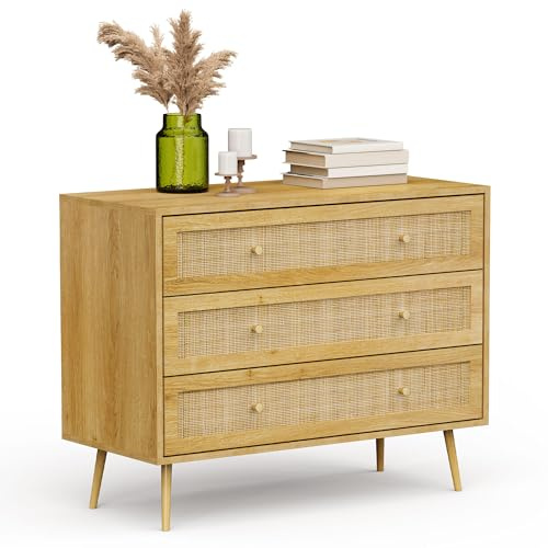 VonHaus Chest of Drawers for Bedroom - Scandi Style 3 Drawer Natural Rattan Drawer Organiser with Metal Handle & Tapered Legs - Boho Look Storage Cabinet for Living Room, Cane Chest of Drawers Bedroom