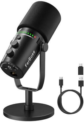 FerBuee XLR/USB Dynamic Microphone for Vocal Recording, Gaming, with 3.5mm Headphones Jack, Echo, Volume Control, Mute Button. Cardioid Microphone forMixer/PC/MAC/PS4/PS5 (WS805 with Round Base Stand)