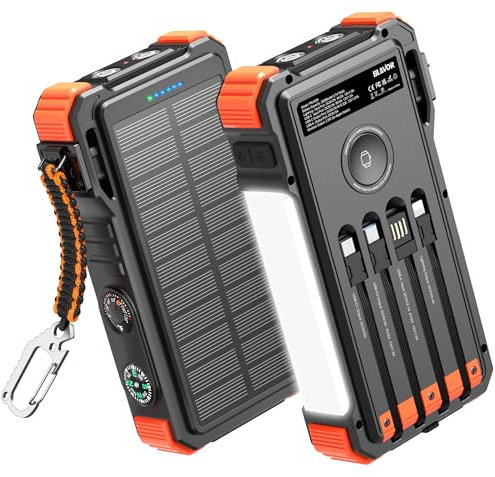 BLAVOR Cargador Solar Batería Externa Portátil 20000mAh, PD 20W Power Bank con Cables Incorporados Carga Rápida Cargador Portátil con Linterna LED, Luz Camping, Carga Inalámbrica para Apple Watch