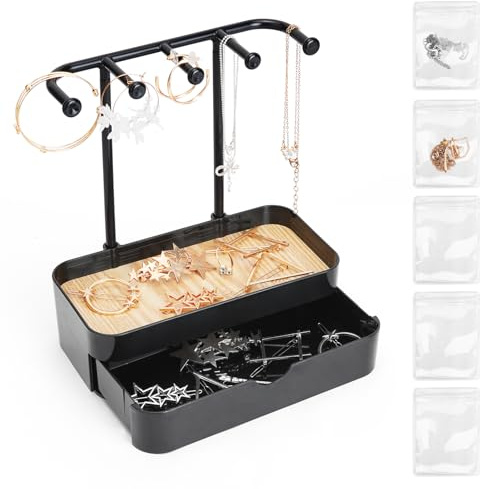 Espositore Gioielli con 5 Sacchetti per Gioielli, Bilayer Porta Collane con Vassoio, Porta Orecchini Organizer Espositore Orecchini per Anelli e Braccialetti, Adatto per Soggiorno, Bagno, Ecc (Nero)